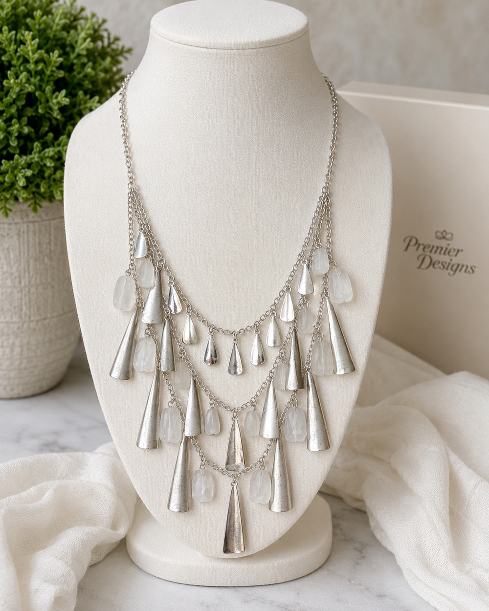Premier Designs Silver Tone Layered Statement Necklace Frosted Bead NIB